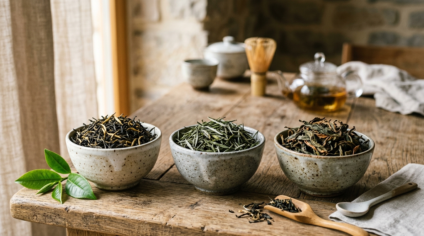 Frunze întregi de ceai himalayan în boluri ceramice de degustare