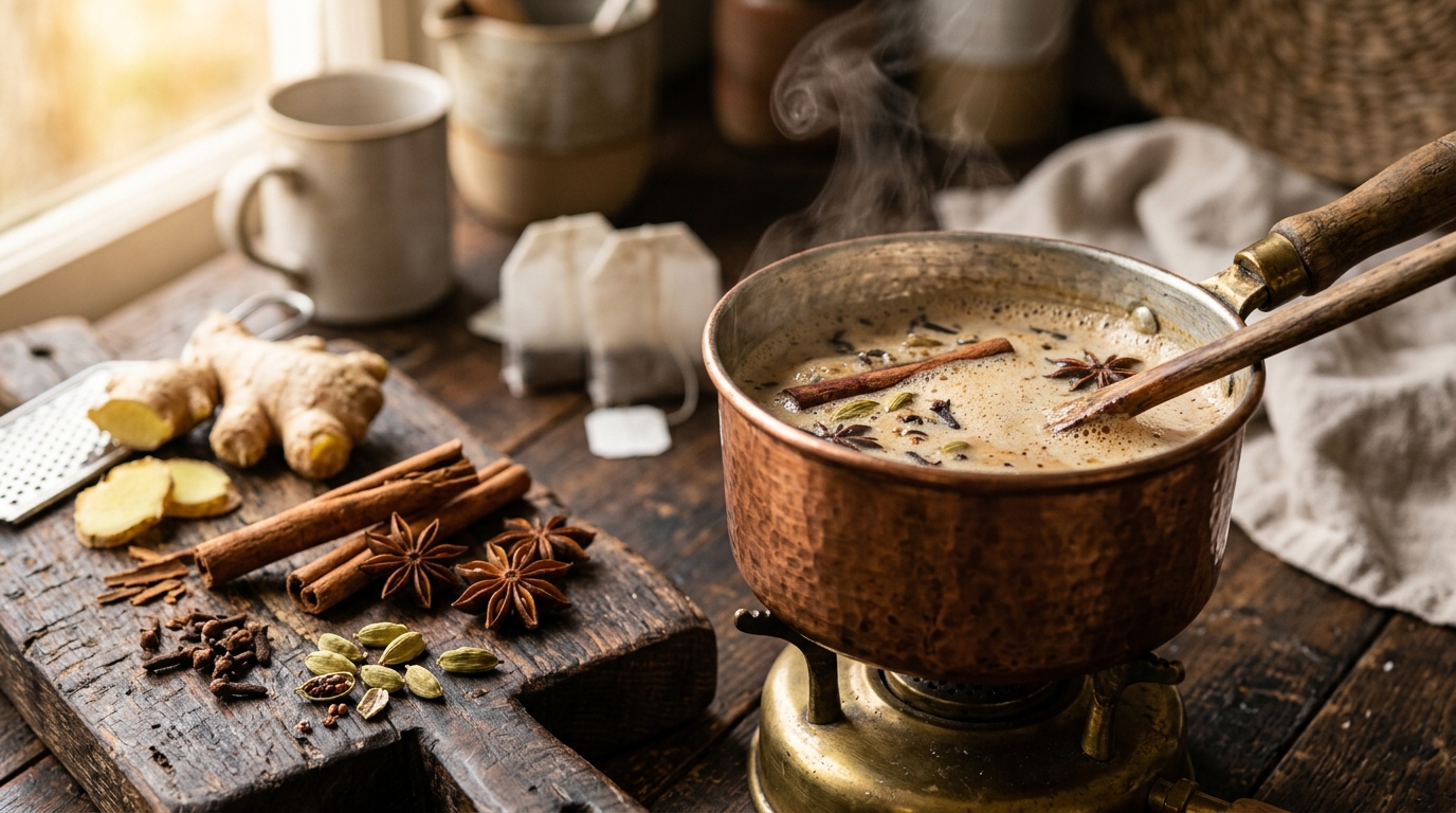 Prepararea artizanală a Masala Chai în vas de cupru cu mirodenii întregi
